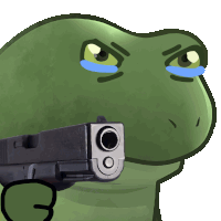 a cartoon of a frog holding a gun with a crying face