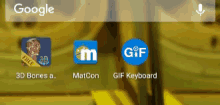 a screen shot of a google app with 3d bones matcon and gif keyboard icons