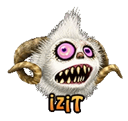 a white monster with horns and purple eyes has the word izit below it