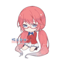 a chibi girl with long pink hair and glasses is kneeling down .