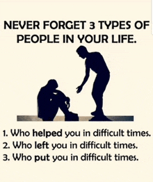 a poster that says " never forget 3 types of people in your life " with a silhouette of a man helping another man