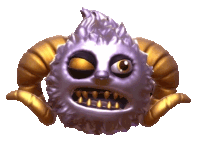 a purple monster with gold horns has a very angry look on its face