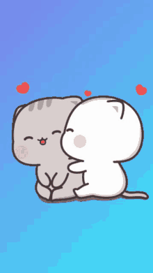 a cartoon of two cats hugging each other with hearts floating around them