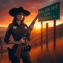 a woman in a sheriff 's uniform is holding a shotgun in front of a sign for balon 168