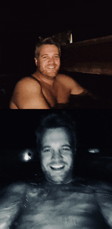 a man without a shirt is smiling in a hot tub at night