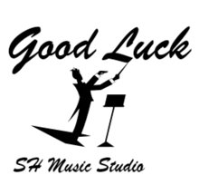 a logo for good luck music studio with a man holding a baton