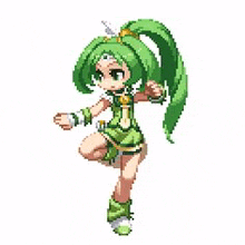 a pixel art of a girl with green hair standing on one leg .