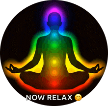 a silhouette of a person in a lotus position with the words " now relax " below it