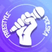 a fist is holding a microphone in a circle on a blue background .