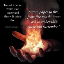 a hand with flames coming out of it and a quote that says to end a curse