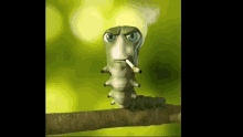 a cartoon caterpillar is smoking a cigarette while sitting on a tree branch .