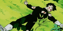 a cartoon of a man laying in the grass with blood on his chest