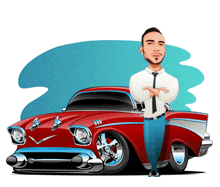 a cartoon of a man standing next to a red car with his arms crossed