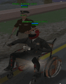 a screenshot of a video game shows a man in a wheelchair and a man in a sheriff 's uniform