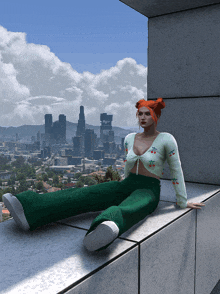 a woman with red hair is sitting on the edge of a building with a city in the background