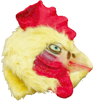 a chicken mask with a red crest and a yellow tail