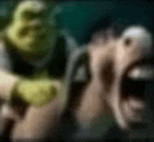 a blurred image of shrek and a person with their mouths open .