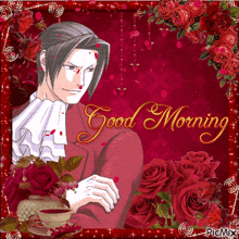 a good morning card with a man in a red suit and roses