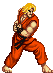 a pixel art of ken from street fighter standing in a karate pose on a white background .