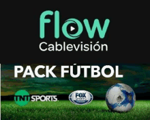 a soccer ball is sitting on a soccer field next to a sign that says flow cablevision pack futbol .