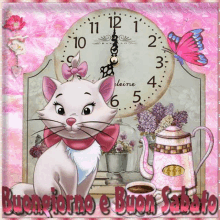 marie from the aristocats sits in front of a clock with the hands on the numbers 12 and 1