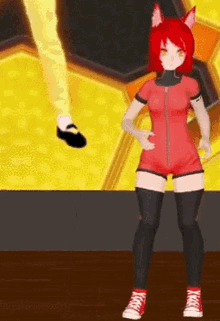 a red haired anime girl is standing on a wooden floor in front of a gold background .