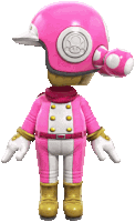 a cartoon character with a pink helmet on