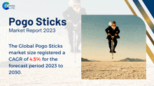 a flyer for pogo sticks shows a man in a suit jumping in the air