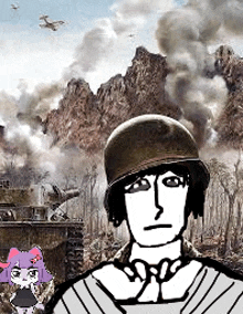 a black and white drawing of a soldier in a helmet standing in front of a mountain .