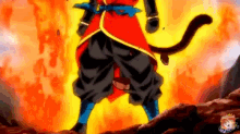 a cartoon character with a tail is standing in front of a fire .