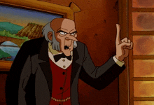 a cartoon character with gray hair and a red vest is pointing up