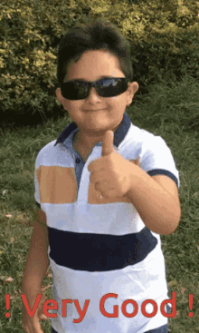 a young boy wearing sunglasses and a striped shirt gives a thumbs up with the words very good behind him