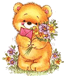 a teddy bear is holding a bouquet of flowers and an envelope