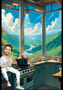 a man sits on a stove in front of a painting