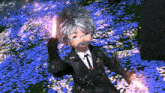 a little boy with gray hair and a mustache is standing in a field of purple flowers