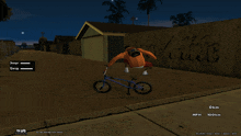 a video game screen shows a man riding a bike in front of a fence with graffiti on it that says " little "