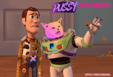 a poster of woody and buzz lightyear with the words pussy everywhere on top