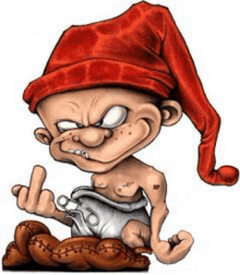 a cartoon gnome with a red hat is sitting on a pile of slippers .