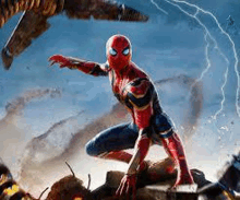 a poster for spider-man no way home shows a spider-man kneeling on a pile of wood .