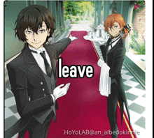 a picture of a man in a tuxedo holding a tray with the words " leave " written on it