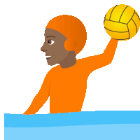 a man in an orange shirt is holding a water polo ball over his head