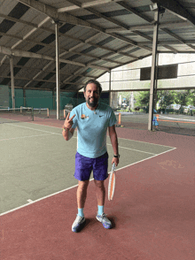 a man standing on a tennis court holding a tennis racquet and giving the peace sign