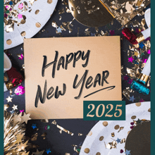 a card that says happy new year 2025 is surrounded by confetti and plates