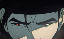 a close up of a cartoon character 's face with glowing red eyes