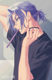 a man with purple hair is brushing his teeth and the time reads am5 : 48