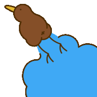 a cartoon drawing of a brown bird with a yellow beak flying over a blue cloud