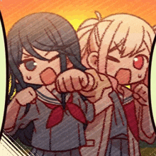 a couple of girls standing next to each other with one of them giving the other a fist bump