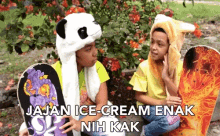 two children wearing hats and holding skateboards with the words " jajan ice cream enak nih kak " on the bottom