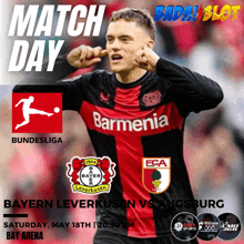 an advertisement for bayern leverkusen vs angsburg on saturday may 18th at bay arena