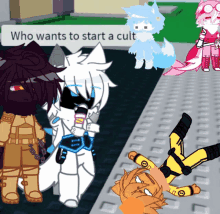 a group of cartoon characters with the words who wants to start a cult in the corner